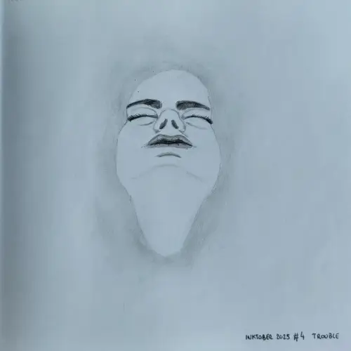 Dessin au crayon d’un visage émergeant d’un liquide trouble.