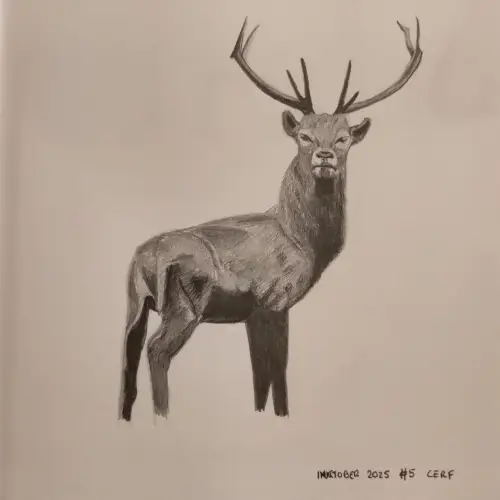 Dessin au crayon d’un cerf, le corp de profil et le visage de face.