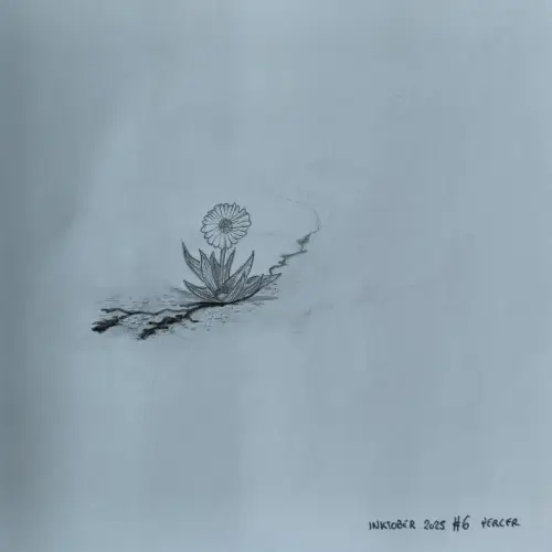 Dessin au crayon d’une fleur en pousse perçant le sol.